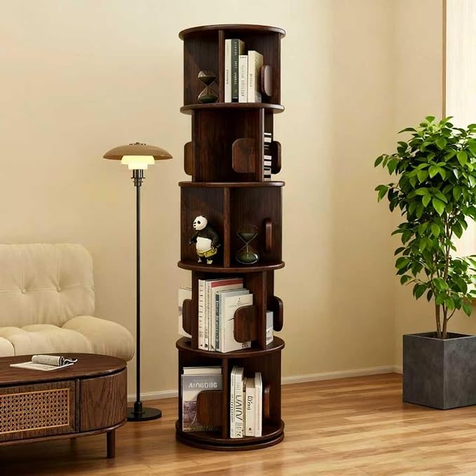 Solid Wood Rotating Bookshelf on Wheels, 5 Tier, Round Revolving Bookcase, 360° Spinning Book Shelf Tower for Kids,Narrow Storage Organizer for Bedroom, Living Room,