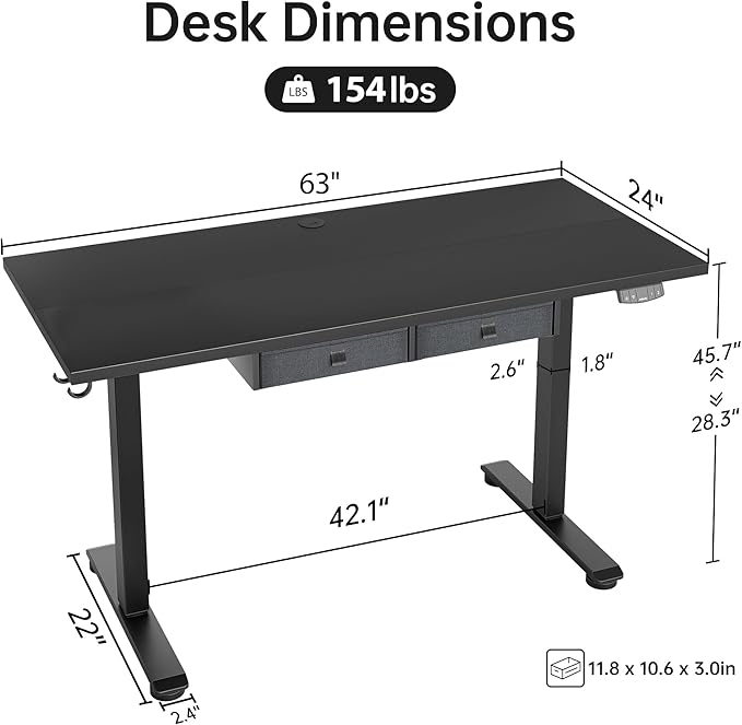Agilestic Standing Desk with 2 Drawers, Adjustable Height Electric Desk with Storage, 63 x 24 Inches Sit Stand Up Computer Table for Work Office Home, Black
