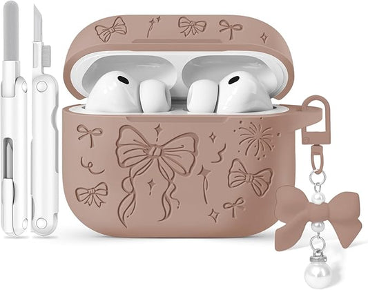 for Airpods Pro 3 Case Cover, Joremx Cute Bow Engraved Silicone Protective Case Cover with Keychain, Cleaner Kit for Airpods Pro 3rd Generation (2025) (Light Brown)