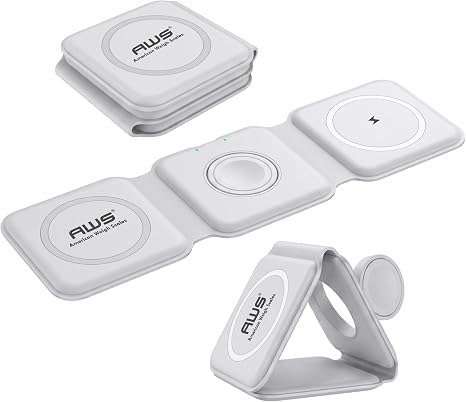 AWS Magnetic Wireless Charger 15W Foldable 3 in 1 Charging Station for Multiple Devices - Travel Charging Pad Dock for Apple Watch iPhone 17 16 15 14 13 12 Pro Max Plus & Airpod Samsung & LG