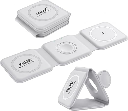AWS Magnetic Wireless Charger 15W Foldable 3 in 1 Charging Station for Multiple Devices - Travel Charging Pad Dock for Apple Watch iPhone 17 16 15 14 13 12 Pro Max Plus & Airpod Samsung & LG