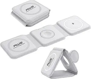 AWS Magnetic Wireless Charger 15W Foldable 3 in 1 Charging Station for Multiple Devices - Travel Charging Pad Dock for Apple Watch iPhone 17 16 15 14 13 12 Pro Max Plus & Airpod Samsung & LG