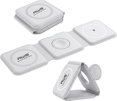 AWS Magnetic Wireless Charger 15W Foldable 3 in 1 Charging Station for Multiple Devices - Travel Charging Pad Dock for Apple Watch iPhone 17 16 15 14 13 12 Pro Max Plus & Airpod Samsung & LG