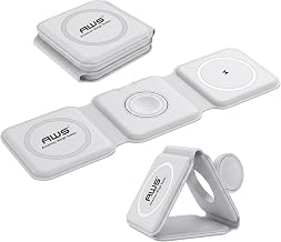 AWS Magnetic Wireless Charger 15W Foldable 3 in 1 Charging Station for Multiple Devices - Travel Charging Pad Dock for Apple Watch iPhone 17 16 15 14 13 12 Pro Max Plus & Airpod Samsung & LG