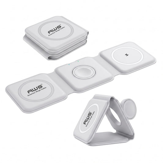 AWS Magnetic Wireless Charger 15W Foldable 3 in 1 Charging Station for Multiple Devices - Travel Charging Pad Dock for Apple Watch iPhone 17 16 15 14 13 12 Pro Max Plus & Airpod Samsung & LG