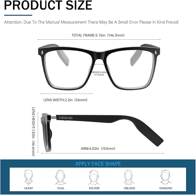 AIRMARS Smart Glasses for Men and Women with Speaker/Bluetooth Sunglasses with Photochromi/Blue Light Filter&Polarized Lenses,Smart Sunglasses Bluetooth 5.4 Support Voice Assistant/Android/Mac/PC