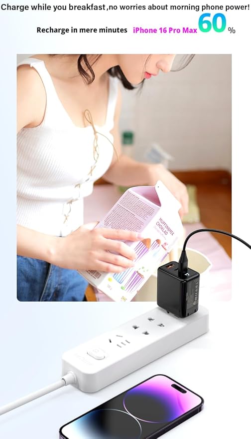 USB C Charger 65W, 3 Ports GaN Fast Charger Block, Compact Foldable Wall Charger with USB-C Cable for iPhone 16 Pro Max, iPad, MacBook Pro/Air,Galaxy S24,Dell XPS 13,Pixel 8 and More (Black)
