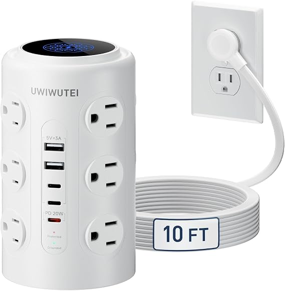 10FT Tower Power Strip with Dedicated 20W PD USB-C Port