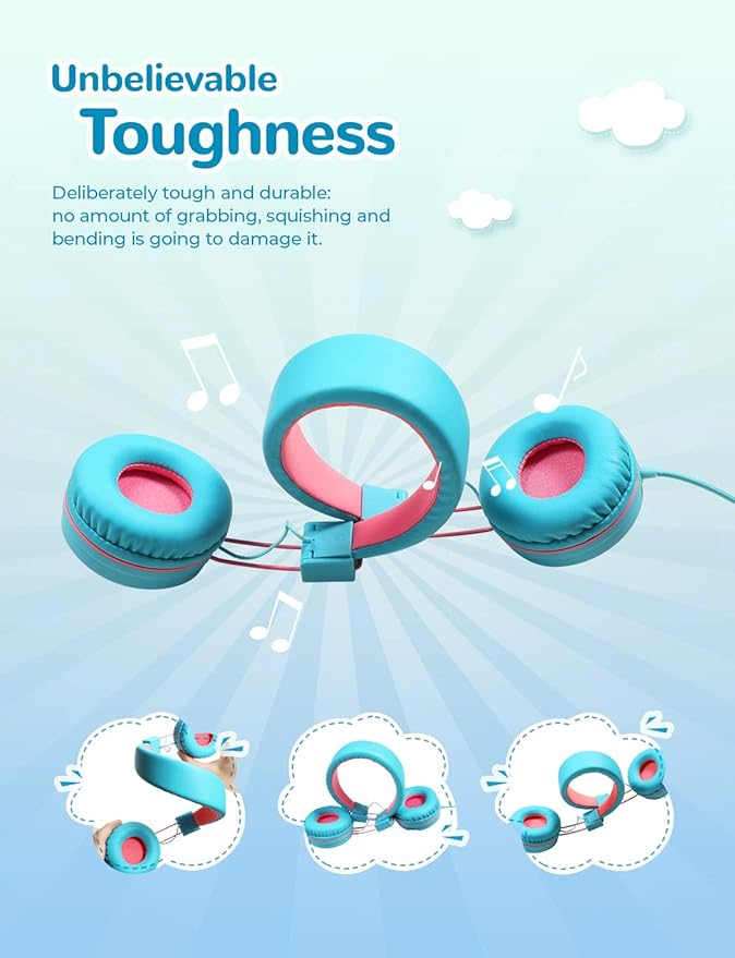 iClever Kids Headphones with Cord, 85/94dB Safe Volume Tech, Bending Resistance Durable, Foldable, Stereo Sound 3.5mm Jack Wired Headphones for Kids Boys Girls Tablet/Travel/School, HS14 Blue Pink