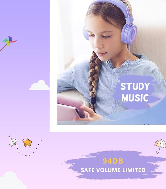 Upgrade USB Type C Kids Headphone for School, 94dB Safe Volume Limited, HD Stereo Sound, Foldable Lightweight On-Ear Headphones for Boys/Girls/Students/Tablet/Travel(Light Purple)