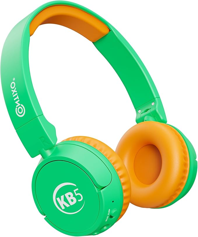 Contixo KB-5 Kids Headphones - Over The Ear Foldable Bluetooth Wireless Headphone for Kids - 85dB with Volume Limited - Toddler Headphones for Boys and Girls (Green+Orange)