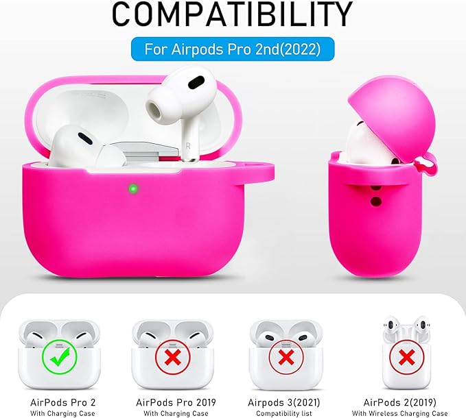 Silicone Compatible with AirPods Pro 2 Case 2022/2023, Gawnock Soft Case Cover Flexible for Compatible with AirPods Pro 2nd Generation Case for Women Girls with Keychain - Hot Pink