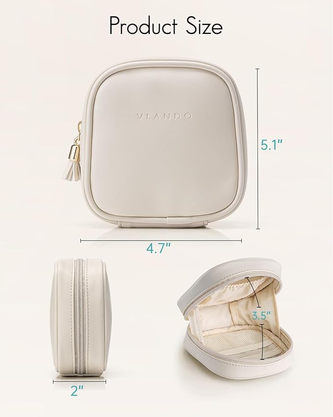VLANDO Mini Makeup Bag, Small Makeup Bag for Purse with Slip-in Pockets, Portable Travel Toiletry Bag with Zipper, Waterproof Travel Essentials for Women - Cream White