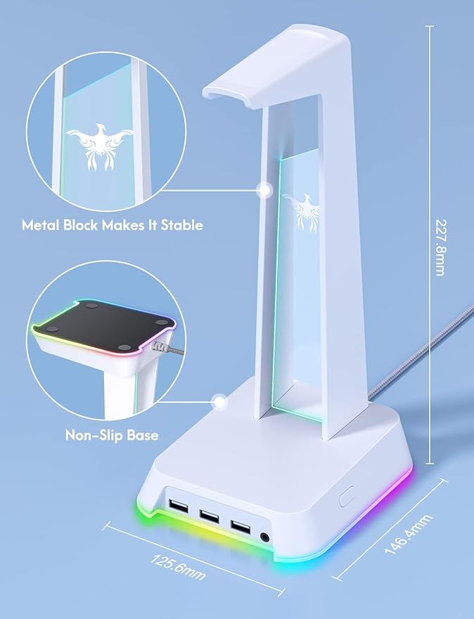 RGB Headphone Stand with 3.5mm AUX and 3 Port USB 2.0 Hub, Universal Gaming Headset Hanger Holder for Computer Gaming Gamer Accessories (White)