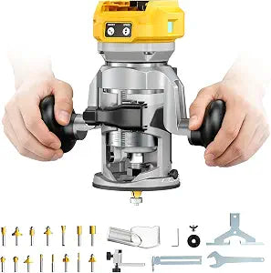 DIYTOOLIFZ Cordless Compact Router Compatible with DeWalt 20V Battery(Tool Only), with Double-Handle Router Fixed Base,800W 30000 RPM Brushless Wood Router, 15 Router Bits