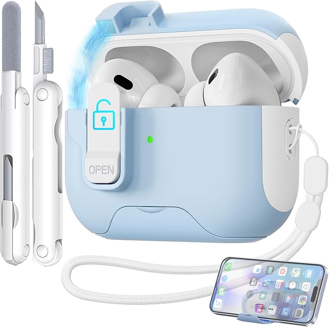 for AirPods Pro Case with Phone Stand,Secure Lock Cases Compatible with Airpods Pro 2nd/1st Generation, Drop-Proof Cover with Cleaner and Lanyard for Women Girly (Sky Blue)