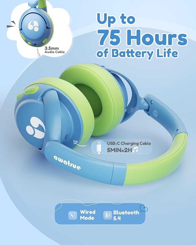 Kids Bluetooth Headphones, 85dB Volume Limiter, Foldable Wireless Over-Ear Headphones for iPad, Travel, 75H Playtime, Bluetooth 5.4, Built-in Mic, Blue Green