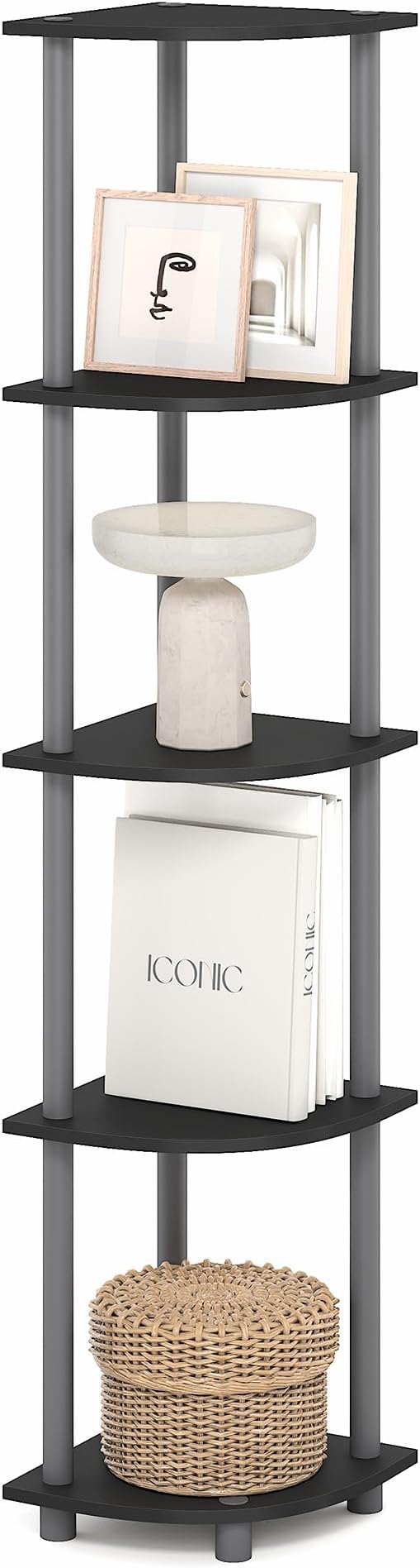 Furinno Turn-N-Tube Corner Shelf, 5-Tier Corner Bookshelf, Open Storage Shelves, for Organization and Storage, Living Room, Home Office, Garage, Bedroom, Plain Black
