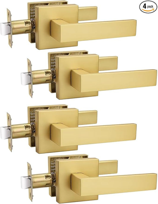 4 Pack Gold Keyless Square Levers Handles, Satin Brass Finish, Interior Passage Door Locksets for Hall Closet Door Knobs Lock Reversible Right & Left Handed