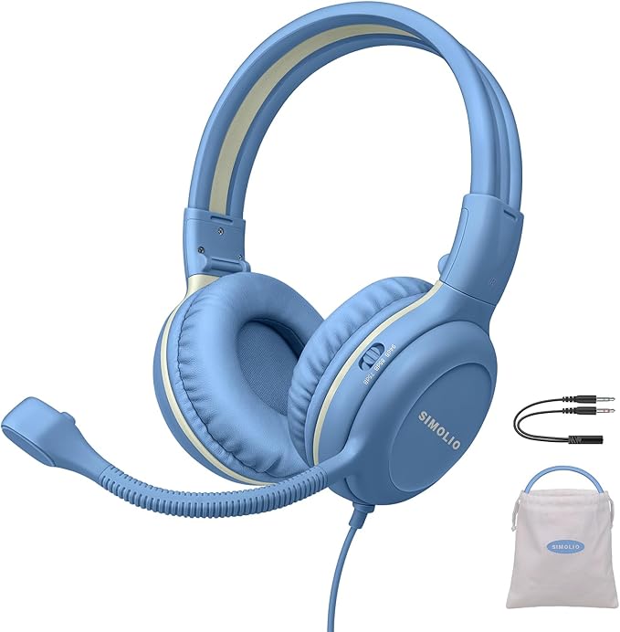 SIMOLIO Kids Headphones Wired with Flexible Rotatable Microphone for Virtual School & Gaming, Safe Volume Cord Headphone for Boys, Teens, Children, Durable Lightweight Folding Headset for PC, Xbox