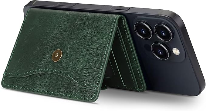 Ultra-Thin Magnetic Wallet Card Holder for iPhone and All MagSafe Protective Cases,Premium PU leather, powerful magnetic closure, stand function, 6 card slots (Green)