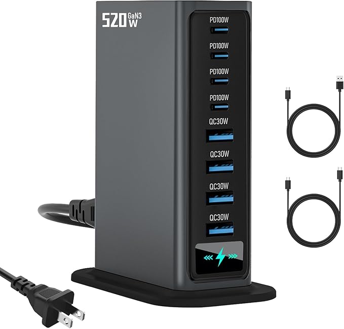 520W USB C Charger Block | 8 Ports GaN Fast Charging Station Hub|PD 100w Type C & USB A Laptop Cell Phone Charger Adapter | for MacBook Air/Pro, iPhone, iPad, Game Consoles | Travel Home Office Use