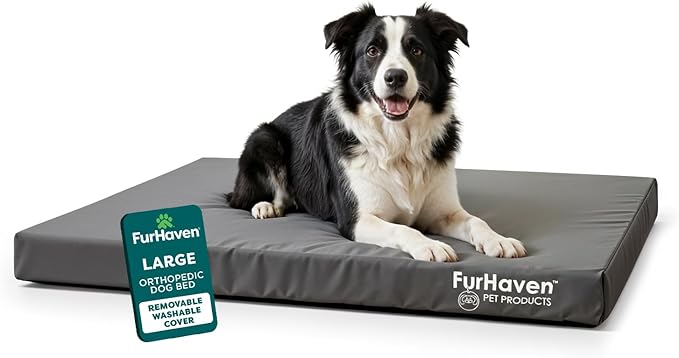 FurHaven Water-Resistant Orthopedic Dog Bed for Large Dogs, Oxford Polycanvas Mattress with Orthopedic Egg Crate Foam for Joint Support, Removable Washable Cover, Large, Stone Gray