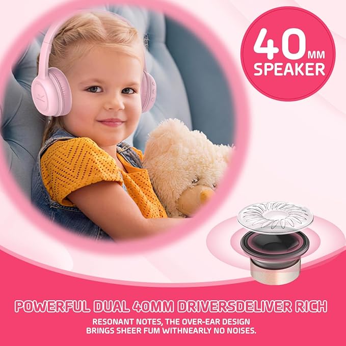 Kids Bluetooth Headphones,Kids Headphones Wireless with 85dB Volume Limiter, 30H Playtime, Adjustable Headband,Over-Ear Headphone for Kid School Online Class Travel(Pink)