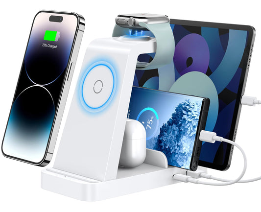5 in 1 Wireless Charging Station: Magnetic Charging Dock for phone16e 16 15 14 13 12 Pro Max, Pro/4/3/2, Watch Ultra/SE/Series, with 36W Adapter White