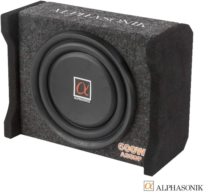 Alphasonik AS8DF 8 inch 600 Watts 4-Ohm Down Fire Shallow Mount Flat Enclosed Sub woofer for Tight Spaces in Cars and Trucks, Slim Thin Loaded Subwoofer Air Tight Sealed Bass Enclosure