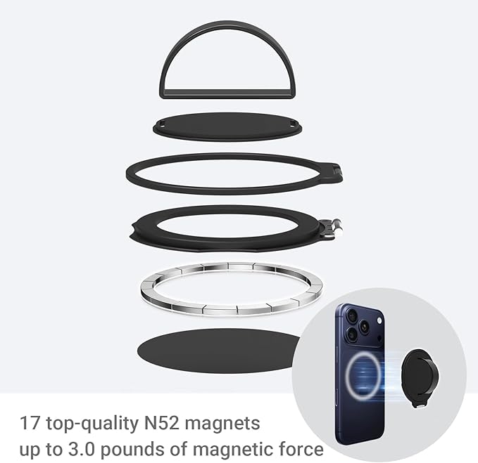 Grat 3 for Magsafe Magnetic Phone Grip Stand, 360° Rotatable Silicone Strap Phone Loop Holder, Detachable Ring Kickstand Compatible with iPhone 17 Pro Max Air 16 15 14 13 12, Black