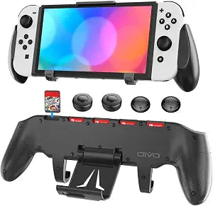 Switch Grip with Upgraded Adjustable Stand, Asymmetrical Grip with Adjustable Stand and 5 Game Slots-4 Thumb Caps Included, Black, Interactive Gaming Figures
