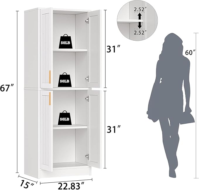 Kitchen Pantry Cabinet, Tall Storage Cabinet with Adjustable Shelves and 4 Doors, Farmhouse Freestanding Cupboard Hutch for Dining Room Living Room, Laundry, White