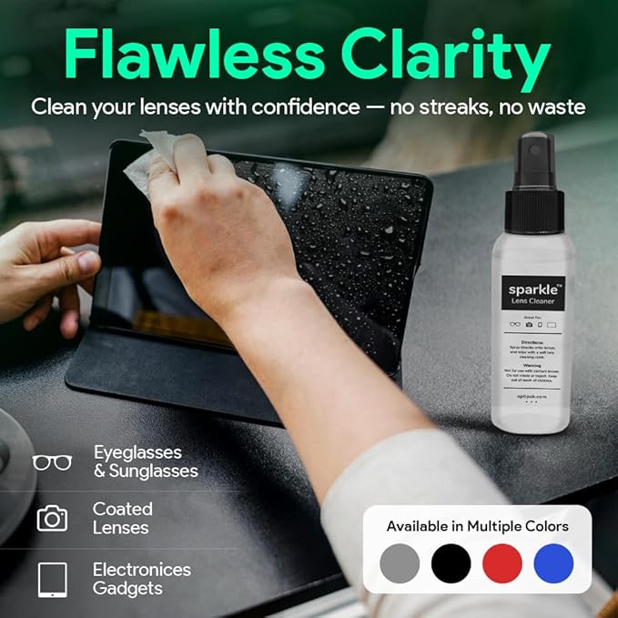 Sparkle Anti-Reflective Lens Cleaner Spray with Microfiber Cloth for Eyeglasses, Sunglasses, Lenses, Screens, Tablets & Binoculars - Ammonia Free And Streak Free (Black/8oz 1Pk)