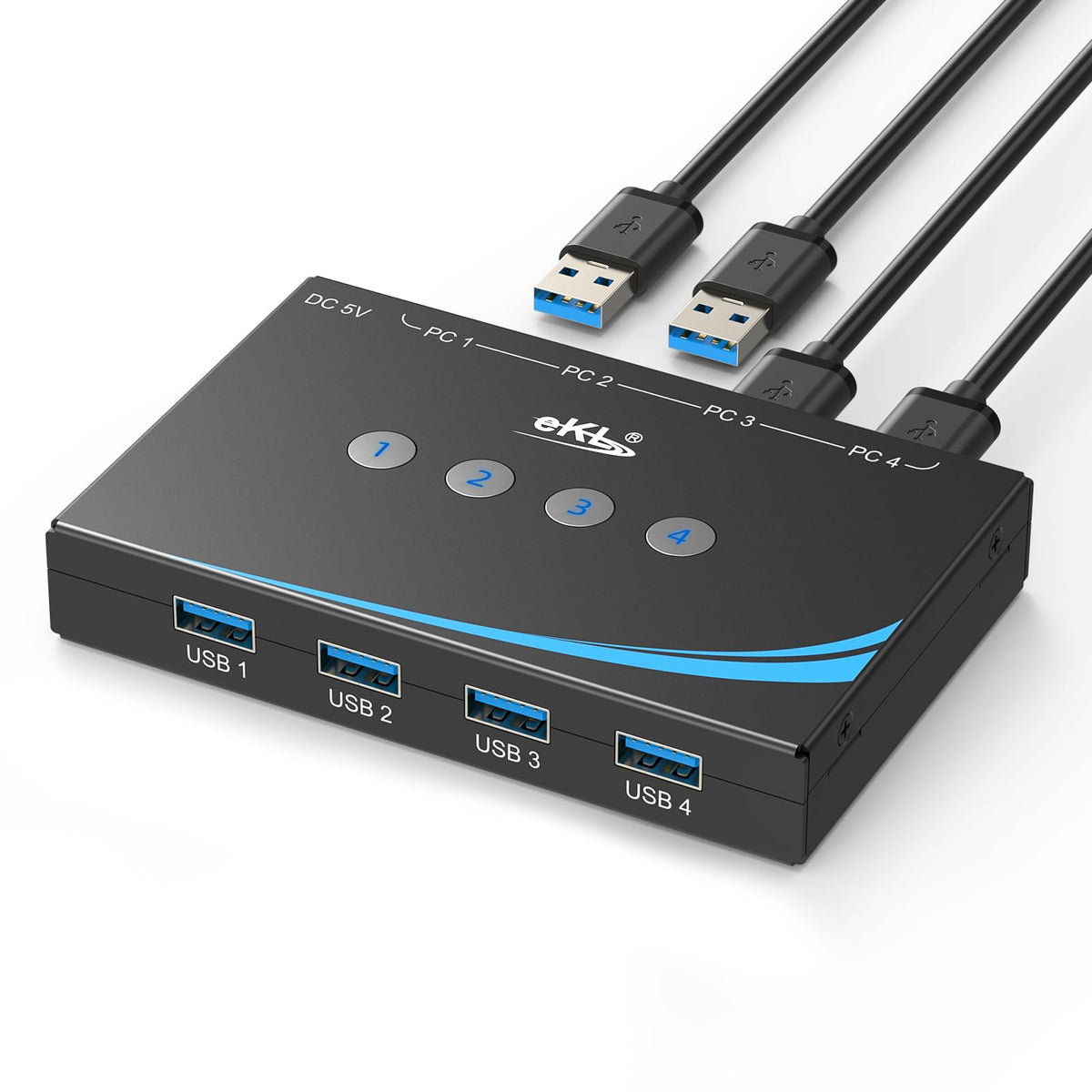 eKL USB 3.0 Switch 4 Computers Share 4 USB 3.0 Ports USB Switcher for PC Laptop Mouse Keyboard Scanner Printer One Button Switch with 3.5mm Headphone Jack and 4 Pack Cables - Image 1