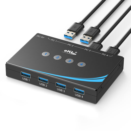 eKL USB 3.0 Switch 4 Computers Share 4 USB 3.0 Ports USB Switcher for PC Laptop Mouse Keyboard Scanner Printer One Button Switch with 3.5mm Headphone Jack and 4 Pack Cables - Image 1