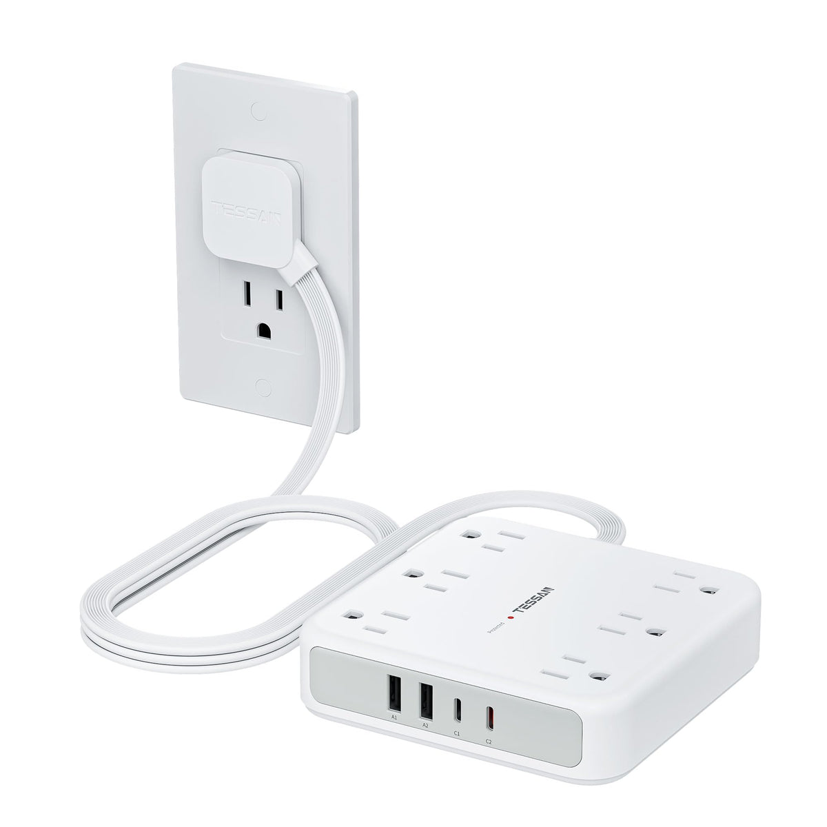 TESSAN Surge Protector Power Strip, 5Ft Flat Plug Extension Cord, Grey