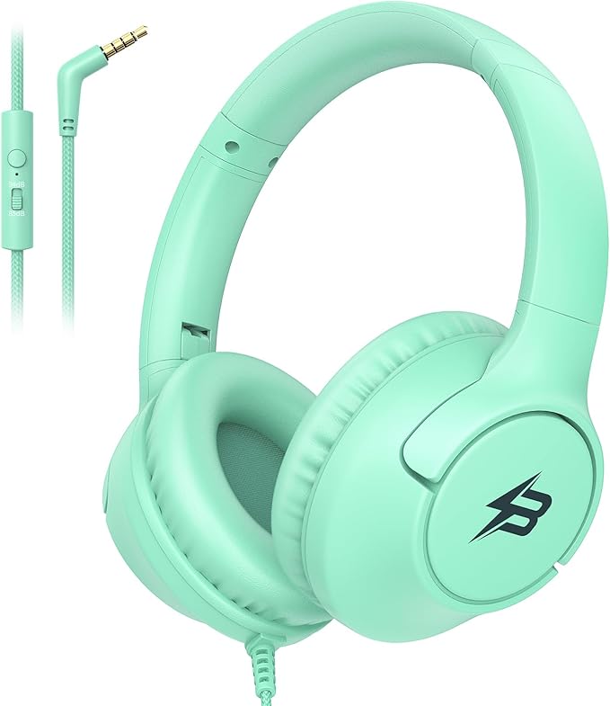 Kids Headphones Wired with Microphone, 85/94dB Volume Limit Headphones for Kids, Foldable 3.5mm Plug in Headphones Corded for Children/Toddler, School/Airplane Travel/Tablet/Kindle/Laptop, Green