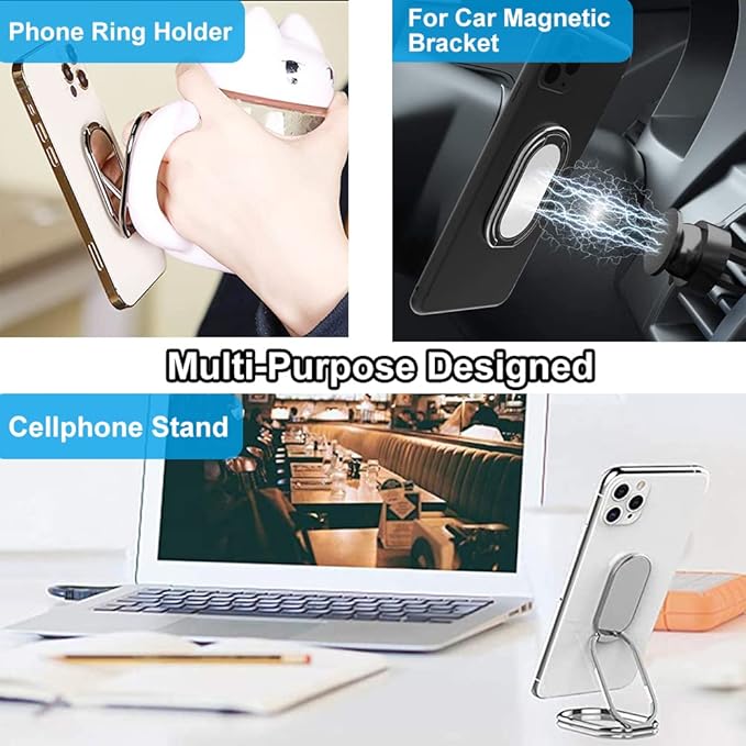 Phone Ring Holder Finger Kickstand, Foldable 360° Rotation Cellphone Grip for Desk, Office Desktop, Cell Phone Stand Compatible with iPhone Smartphones Tablets (with Magnetic Car Mount)