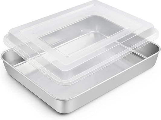 TeamFar Rectangular Cake Pan with Lid, 10.5’’ Stainless Steel Small Lasagna Baking Roasting Brownie Pan, Non-toxic & Deep Side, Brushed Surface & Dishwasher Safe, 2 PCS