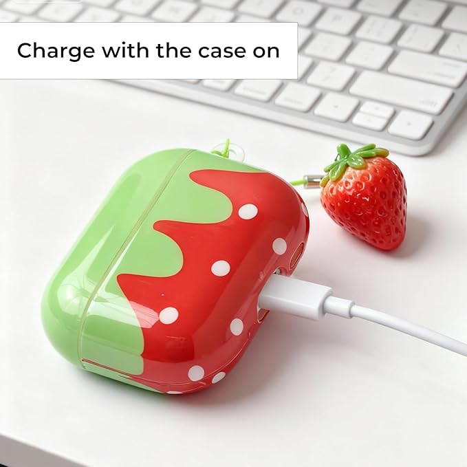 for AirPods Pro 3 Case 2025 - Soft Silicone Shockproof Full Protective Cover | Cute Creative Red Strawberry Funny Fruit Design with Strawberry Pendant, for Girls Women