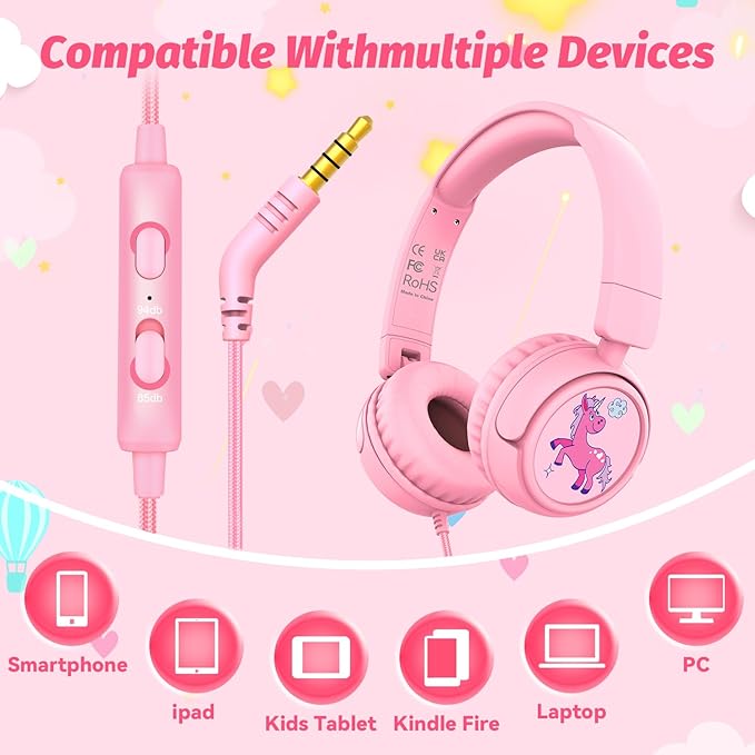 Kids Headphones with Cord for School, 85/94dB Volume Limit Headphones for Kids, Portable Wired Headphone with Shareport, Stereo Sound Foldable Headset for School/Tablet/iPad/Kindle (Pink)