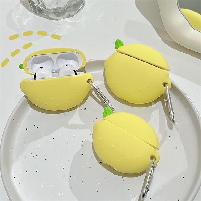 Case Compatible with Airpods 1 & 2, Cute Summer Fresh Lemon Design Keychain Case Cover, Portable Earbuds Accessories Soft Silicone Shockproof Wireless Earphone Protector with Hook Yellow