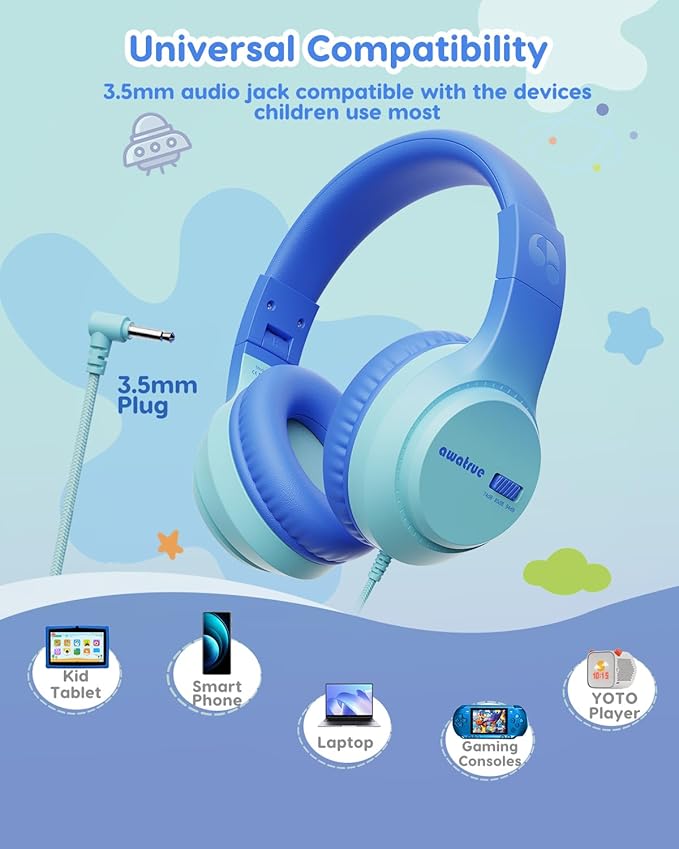 Kids Headphones, 74/85/94dB Volume Limiter, Foldable Wired Over Ear Headphones for Travel, 3.5mm Jack, Toddler Headphones for School, Chromebook, iPad, Tablet, Blue