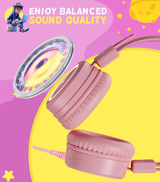 Kid Headphones for School, USB Type C Kids Headphone with LED Lights, Wired Boys Girls Headphones with Safe Limiter 85dB/94dB, Foldable On Ear Headphones with Microphones for Girls, Boys, iPad-Pink