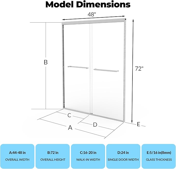Glass Shower Door 44–48 Inch W × 72 Inch H, Double Sliding Shower Door with 6mm Tempered Glass, Brushed Aluminum Shower Glass Door with Easy-Clean Coating