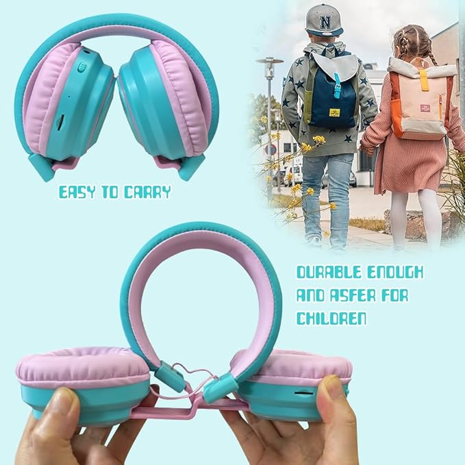Kids Headphones Bluetooth 5.3 Wireless Lightweight Fast Charging 68 Hours Play Time Volume Limited 85/94dB Over Ear Foldable with Built-in Mic for Toddler Boy Girl Tablet Pad Cyan