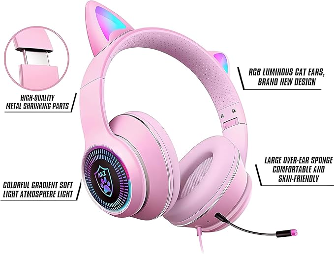 Cat Ear Gaming Headphones Wired AUX 3.5mm with LED Light, VIGROS Flashing Stereo Game Headphones Surround Sound Over-Ear Headsets with Microphone Fit Kids & Adult for PC, PS4, Switch, Mobile, Laptop