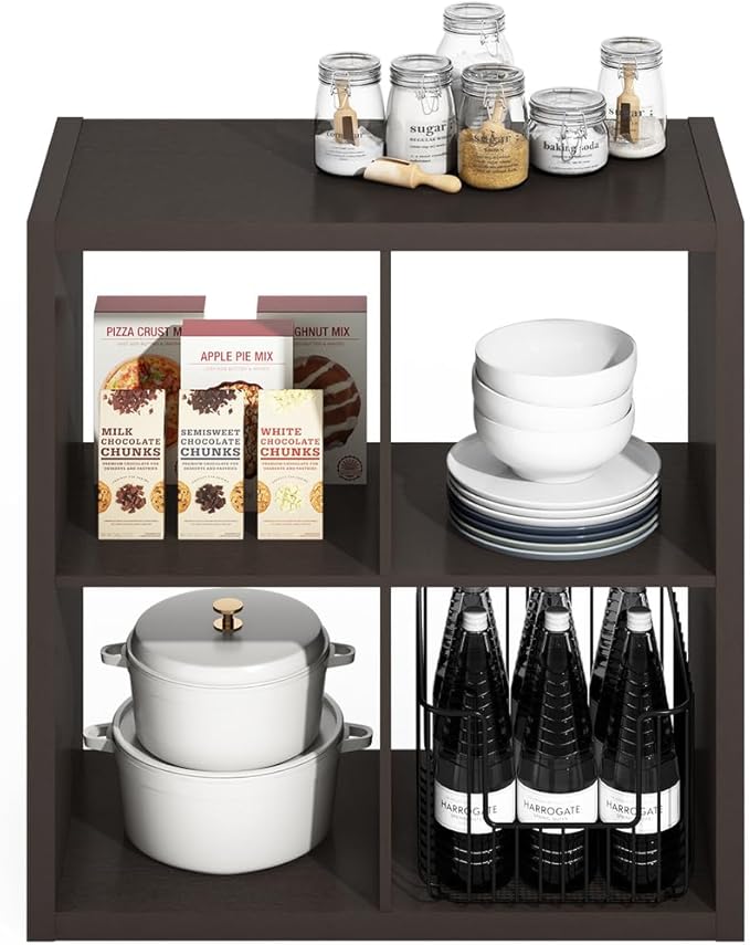 Furinno Hermite 4-Cube Open Shelves Kitchen Storage, Kitchen Island, Bakers Rack, Buffet Sideboard, Black Dark Oak