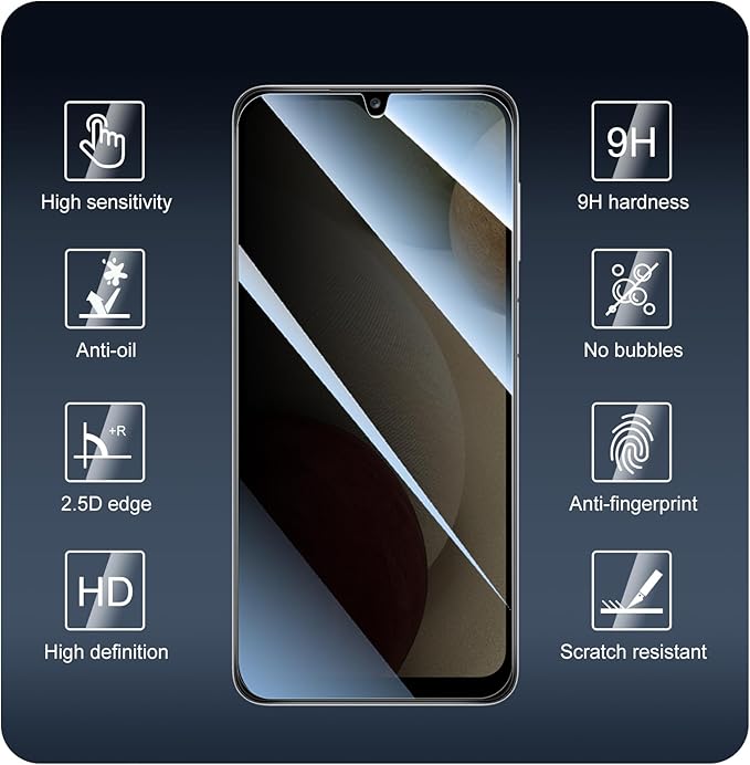 Privacy Screen Protector for Samsung A12/A13/A23/A32 5G/A03/A03S/A04/A04S & Redmi 10X, Anti-Spy Tempered Glass, Private Black Dark Protection, 9H Hardness Anti-Scratch Case-Friendly - 3 Pack